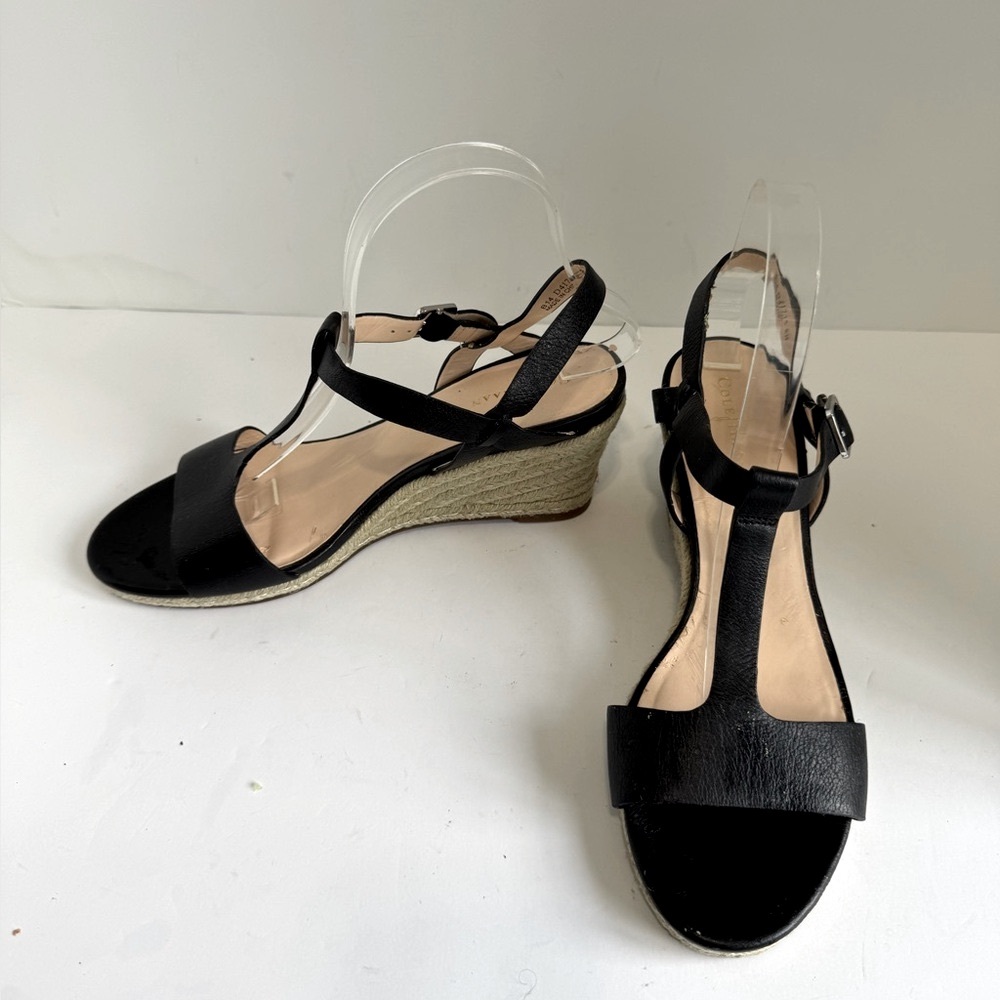 Cole Haan Elizabeth Wedge Sandal Black Leather T-Strap Espadrille Size 8 - Picture 3 of 16